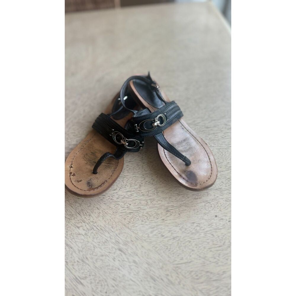 Coach Womens 7B Black Leather Thong Sandals Horsebit Logo Hardware Ankle Strap